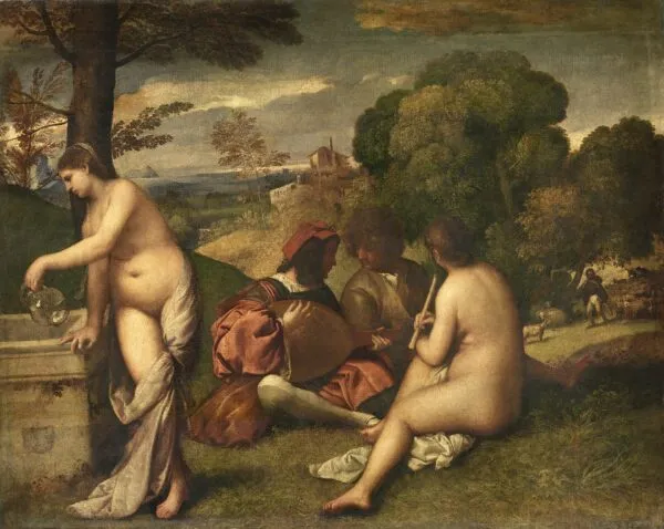 Pastoral Concert (1510) by Titian — original painting reproduced as a hand-painted oil on canvas