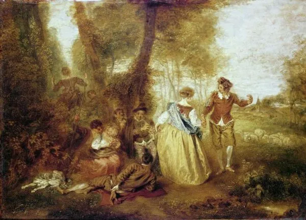 Pastoral Pleasure (1714) by Jean-Antoine Watteau — original painting reproduced as a hand-painted oil on canvas