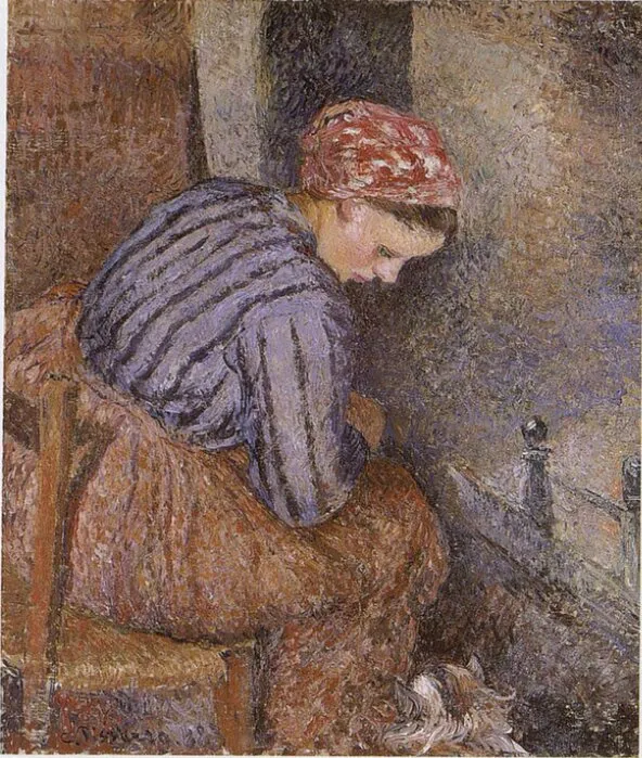 Paysanne se chauffant (1883) by Camille Pissarro — original painting reproduced as a hand-painted oil on canvas