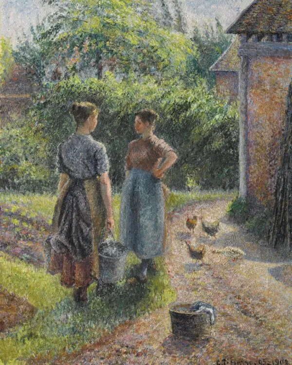 Paysannes causant dans la cour d’une ferme, Eragny by Camille Pissarro — original painting reproduced as a hand-painted oil on canvas