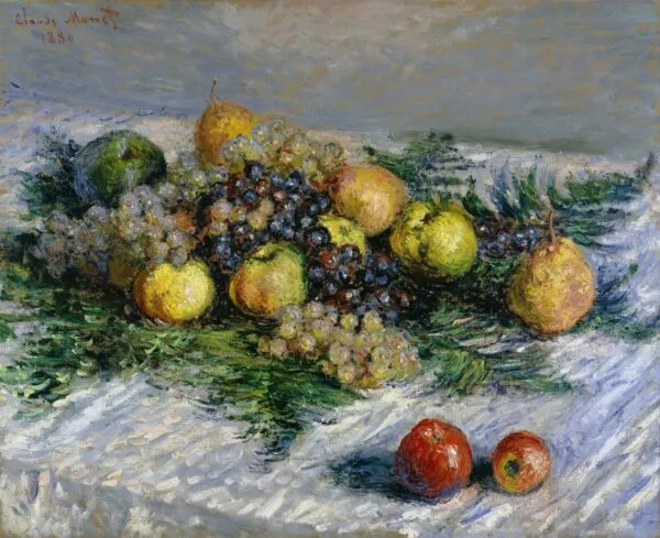 Pears and Grapes (1880) by Claude Monet — original painting reproduced as a hand-painted oil on canvas