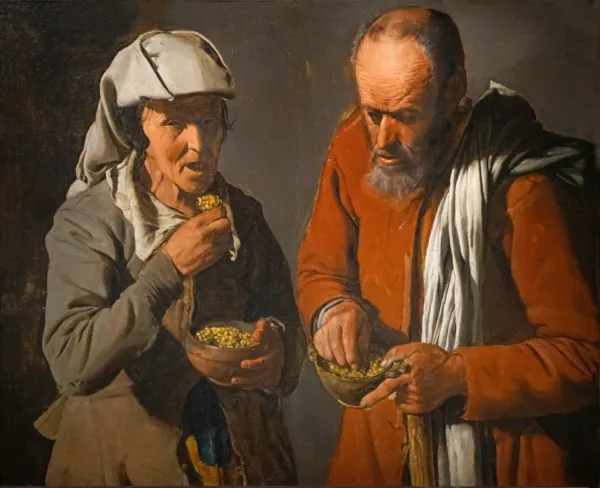 Peasant couple eating peas (1623) by Georges de La Tour — original painting reproduced as a hand-painted oil on canvas