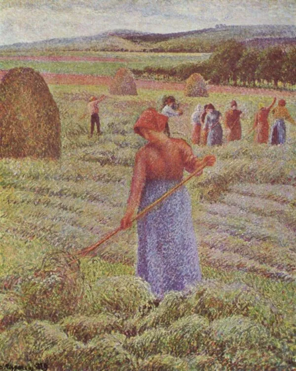 Peasant Girl Raking Hay at Èragny (1889) by Camille Pissarro — original painting reproduced as a hand-painted oil on canvas
