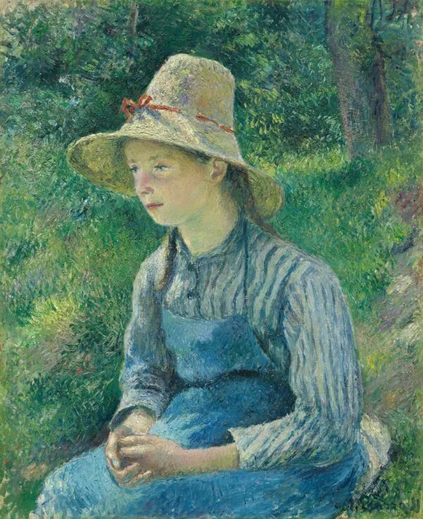 Peasant Girl with a Straw Hat (1881) by Camille Pissarro — original painting reproduced as a hand-painted oil on canvas