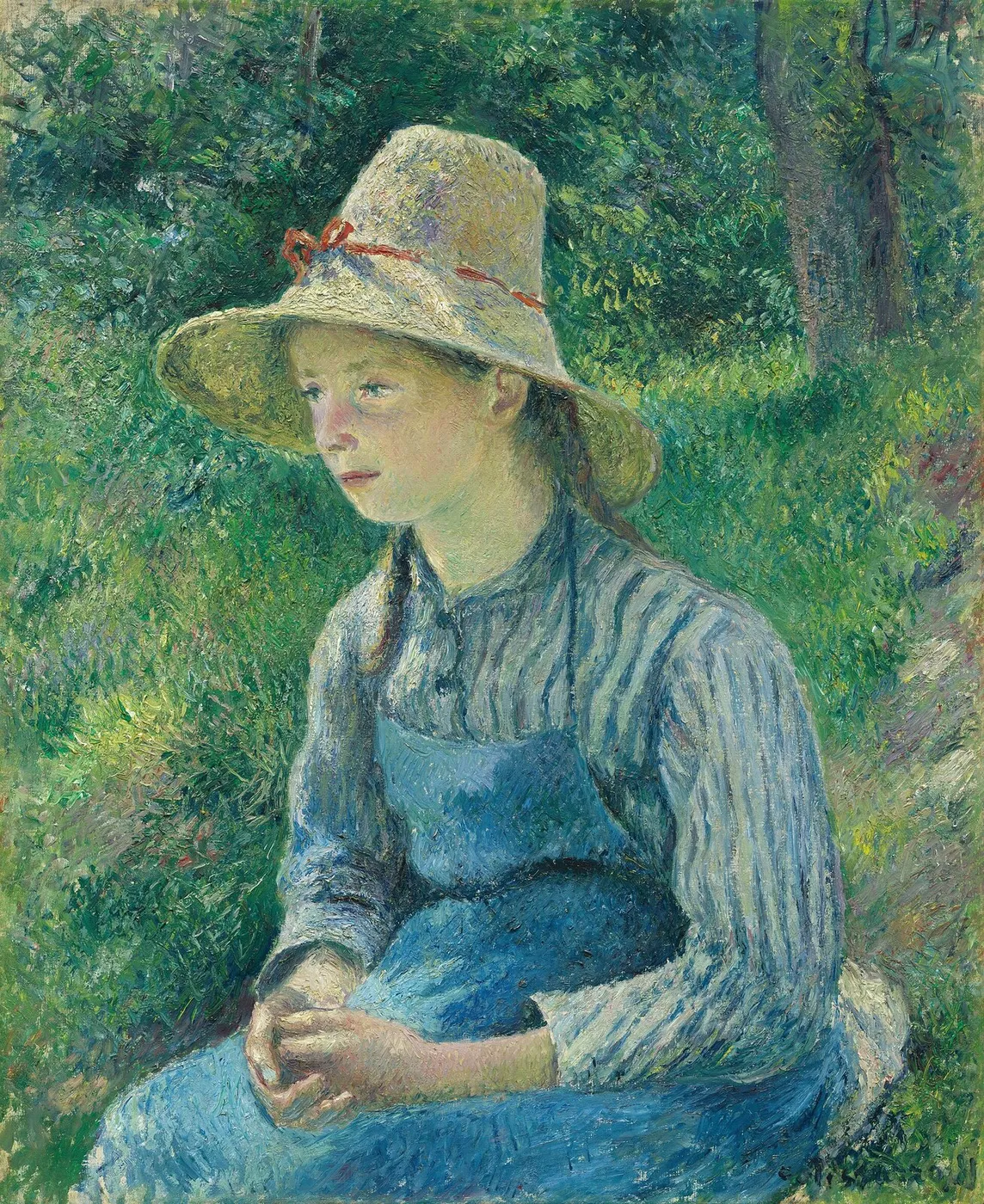 Peasant Girl with a Straw Hat (1881) by Camille Pissarro — original painting reproduced as a hand-painted oil on canvas