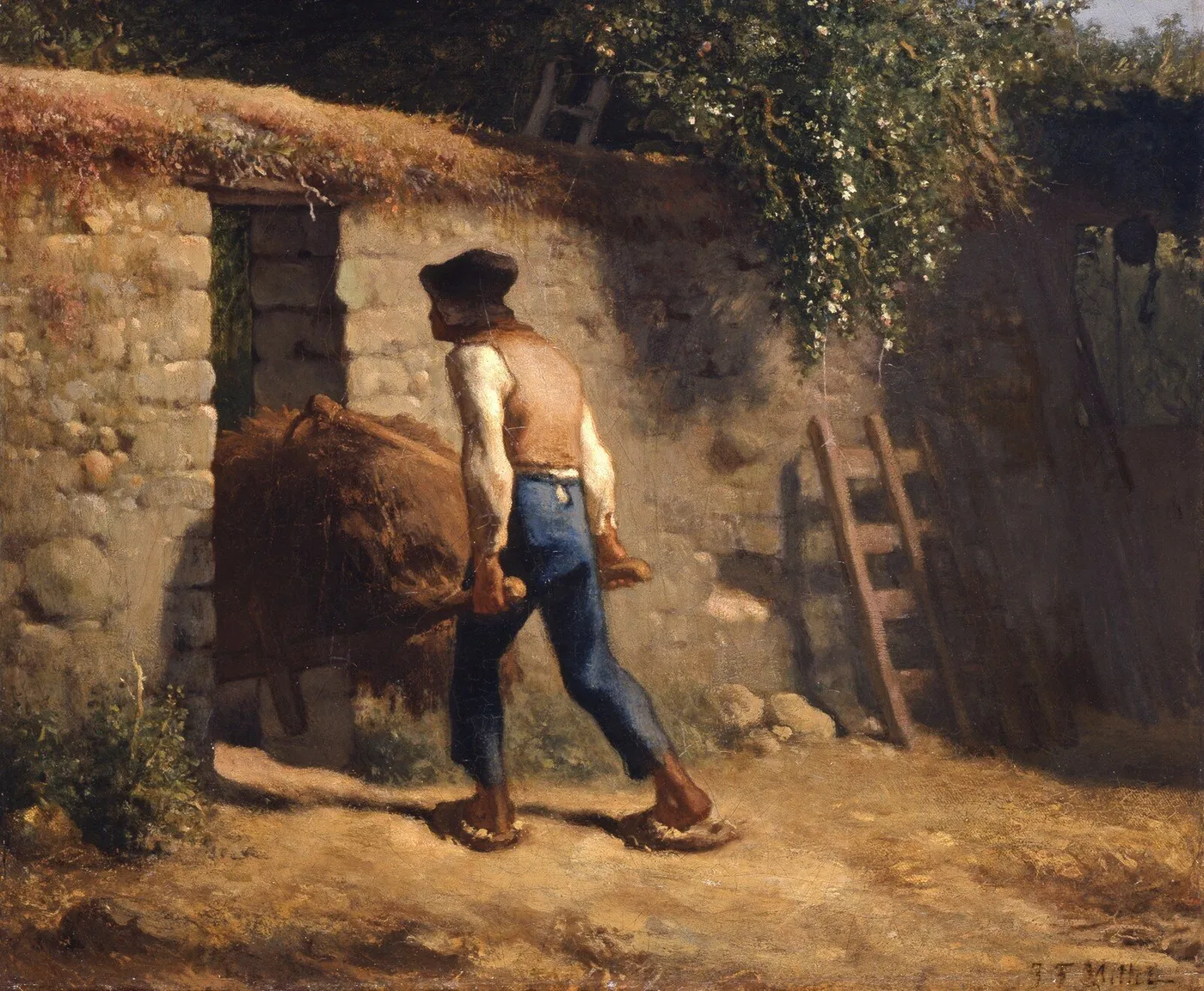 Peasant with a Wheelbarrow (1848) by Jean-François Millet — original painting reproduced as a hand-painted oil on canvas