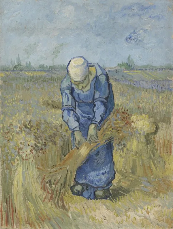 Peasant Woman Binding Sheaves (after Millet) (1889) by Vincent van Gogh — original painting reproduced as a hand-painted oil on canvas
