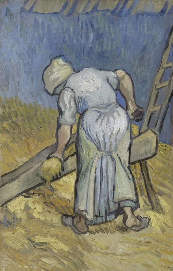 Peasant Woman Bruising Flax (after Millet) (1889) by Vincent van Gogh — original painting reproduced as a hand-painted oil on canvas