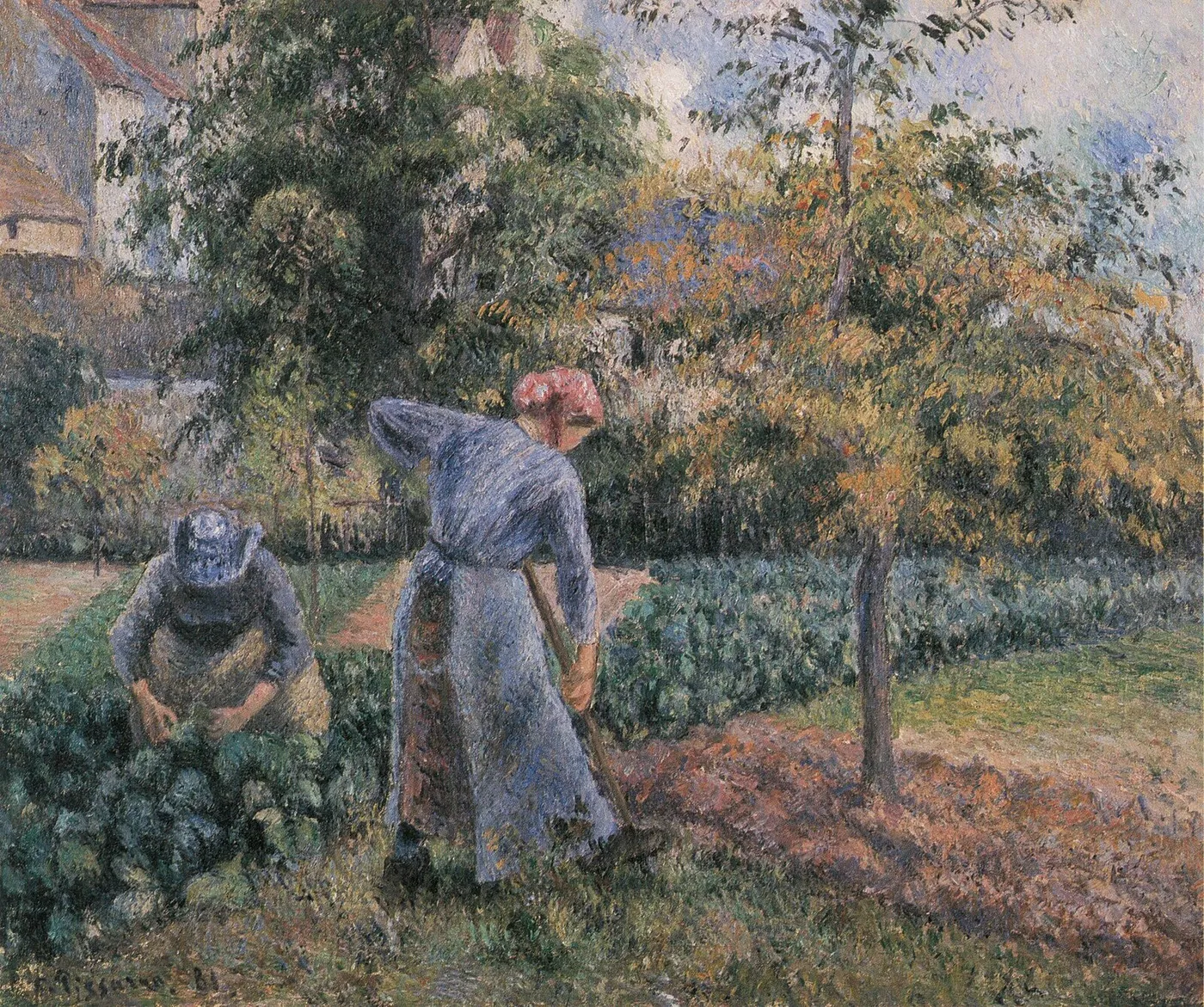 Peasant Woman Digging, the Jardin de Maubuisson, Pontoise (1881) by Camille Pissarro — original painting reproduced as a hand-painted oil on canvas