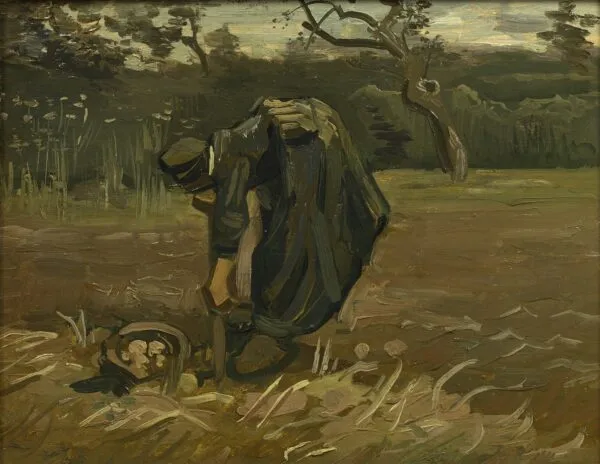 Peasant Woman Digging Up Potatoes (1885) by Vincent van Gogh — original painting reproduced as a hand-painted oil on canvas