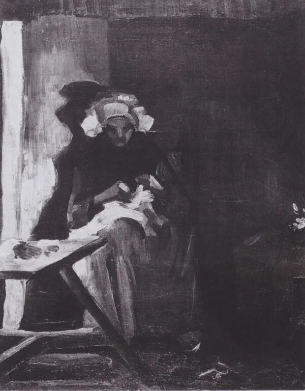 Peasant Woman Sewing (1885) by Vincent van Gogh — original painting reproduced as a hand-painted oil on canvas