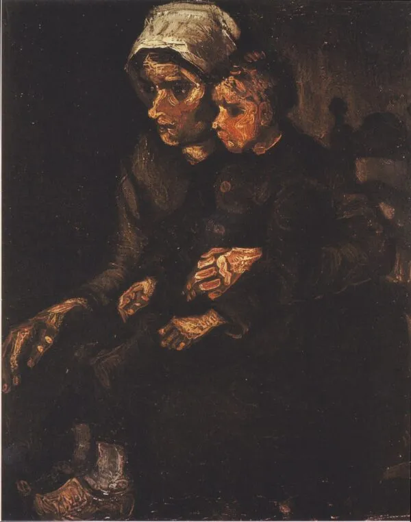 Peasant Woman with Child on Her Lap (1885) by Vincent van Gogh — original painting reproduced as a hand-painted oil on canvas