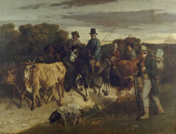 Peasants from Flagey back from the Fair (1850) by Gustave Courbet — original painting reproduced as a hand-painted oil on canvas
