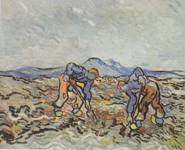 Peasants Lifting Potatoes (1890) by Vincent van Gogh — original painting reproduced as a hand-painted oil on canvas
