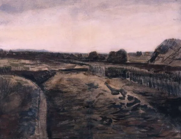 Peatery in Drenthe (1883) by Vincent van Gogh — original watercolour reproduced as a hand-painted oil on canvas
