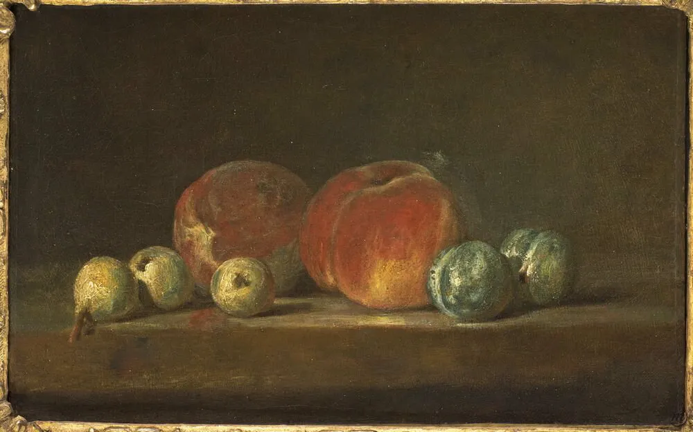 Pêches et Prunes (1764) by Jean-Baptiste-Siméon Chardin — original painting reproduced as a hand-painted oil on canvas