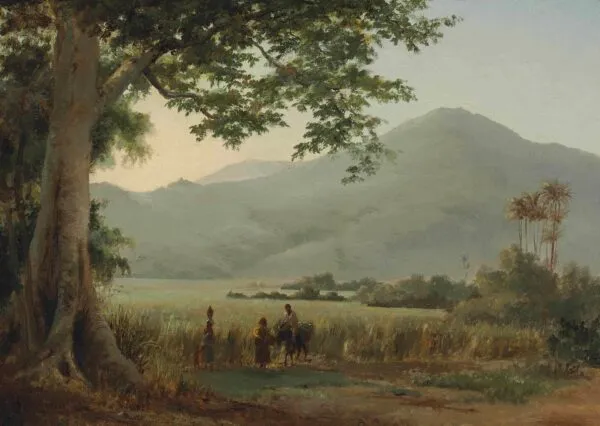 People Discussing in the Roadside (1856) by Camille Pissarro — original painting reproduced as a hand-painted oil on canvas