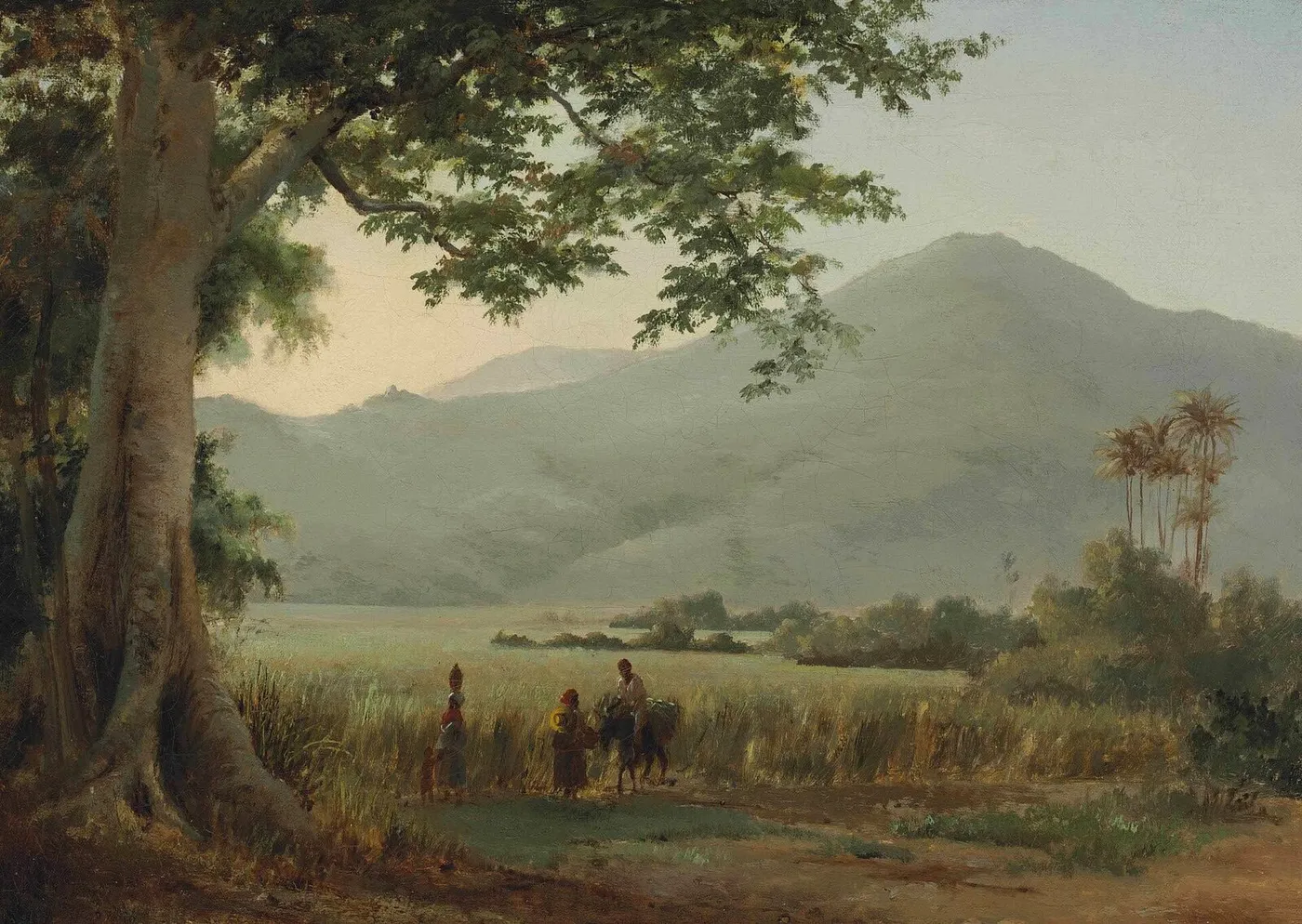 People Discussing in the Roadside (1856) by Camille Pissarro — original painting reproduced as a hand-painted oil on canvas