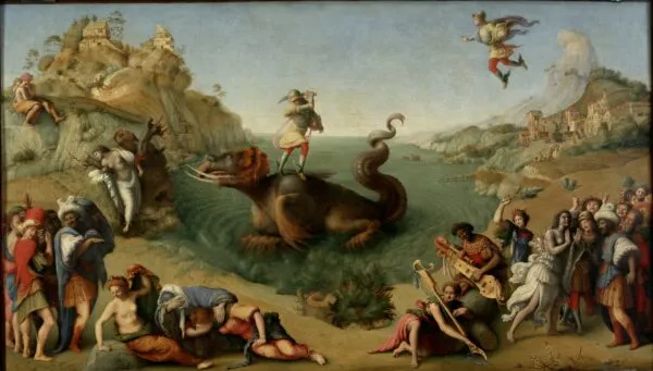 Perseus Freeing Andromeda (1510) by Piero di Cosimo — original painting reproduced as a hand-painted oil on canvas