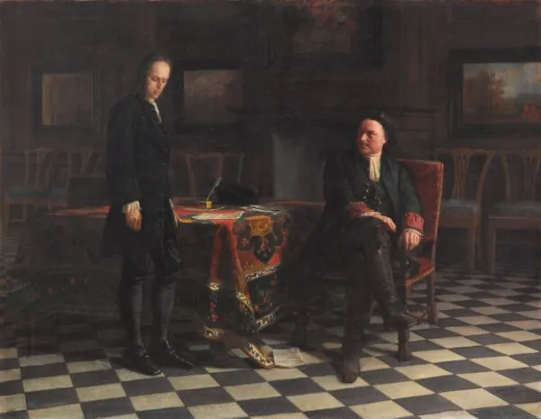 Peter the Great Interrogating the Tsarevich Alexei Petrovich at Peterhof (1871) by Nikolai Ge — original painting reproduced as a hand-painted oil on canvas