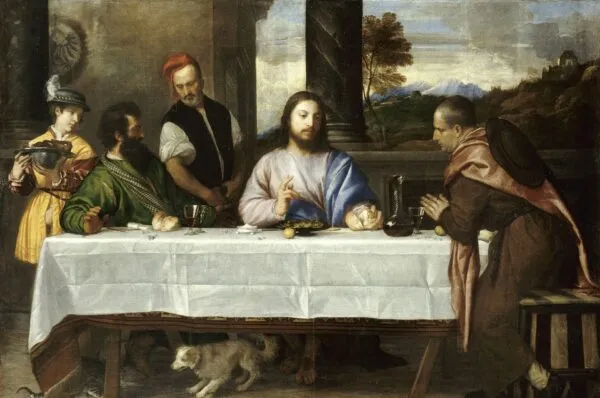 Pilgrims at Emmaus (1533) by Titian — original painting reproduced as a hand-painted oil on canvas