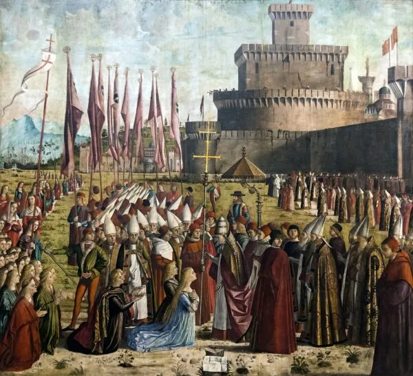 Pilgrims meet the Pope (1492) by Vittore Carpaccio — original painting reproduced as a hand-painted oil on canvas