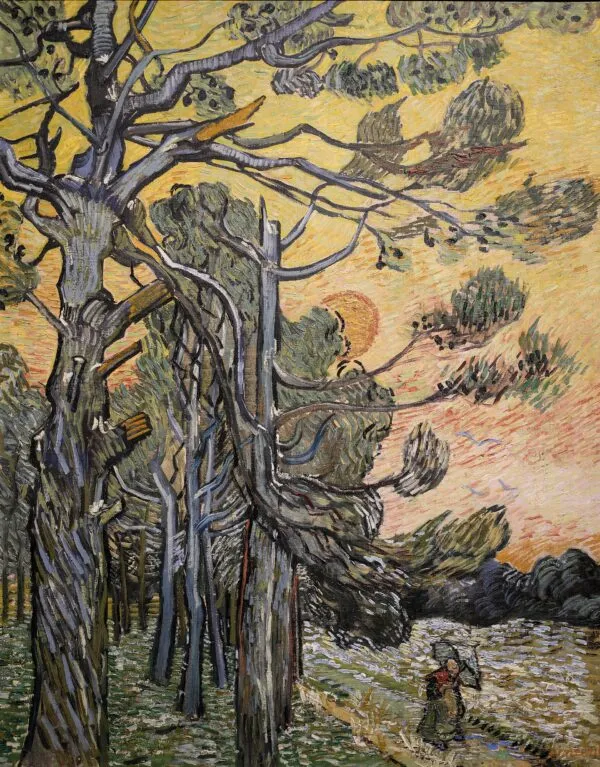 Pine Trees against a Red Sky with Setting Sun (1889) by Vincent van Gogh — original painting reproduced as a hand-painted oil on canvas