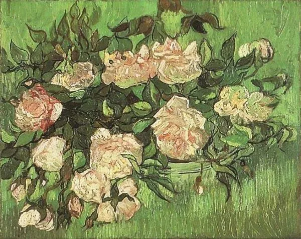 Pink Roses (1890) by Vincent van Gogh — original painting reproduced as a hand-painted oil on canvas
