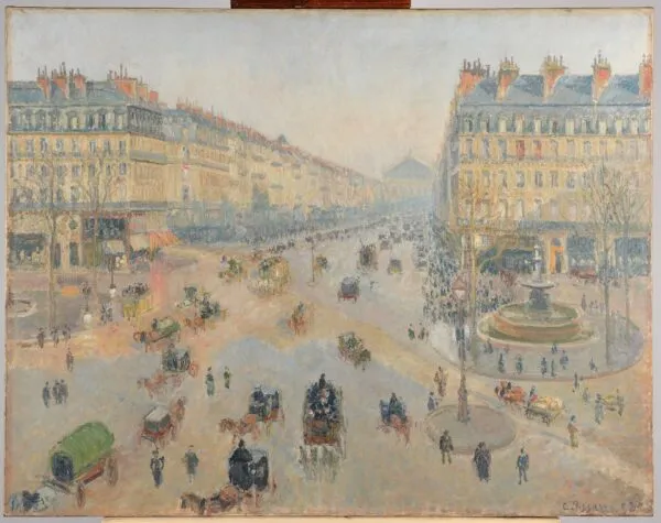 Place du Théâtre-Francais and the Avenue de l'Opéra, Sunlight, Winter Morning (1898) by Camille Pissarro — original painting reproduced as a hand-painted oil on canvas