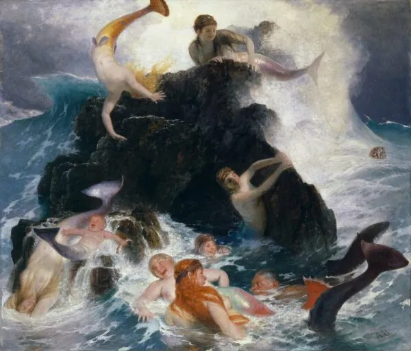 Play of the Nereides (1886) by Arnold Böcklin — original painting reproduced as a hand-painted oil on canvas