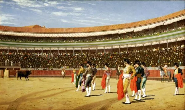 Plaza de toros : l'entrée du taureau (1886) by Jean-Léon Gérôme — original painting reproduced as a hand-painted oil on canvas