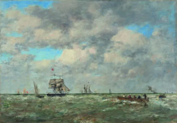 Pleine mer, les lamaneurs (1887) by Eugène Louis Boudin — original painting reproduced as a hand-painted oil on canvas