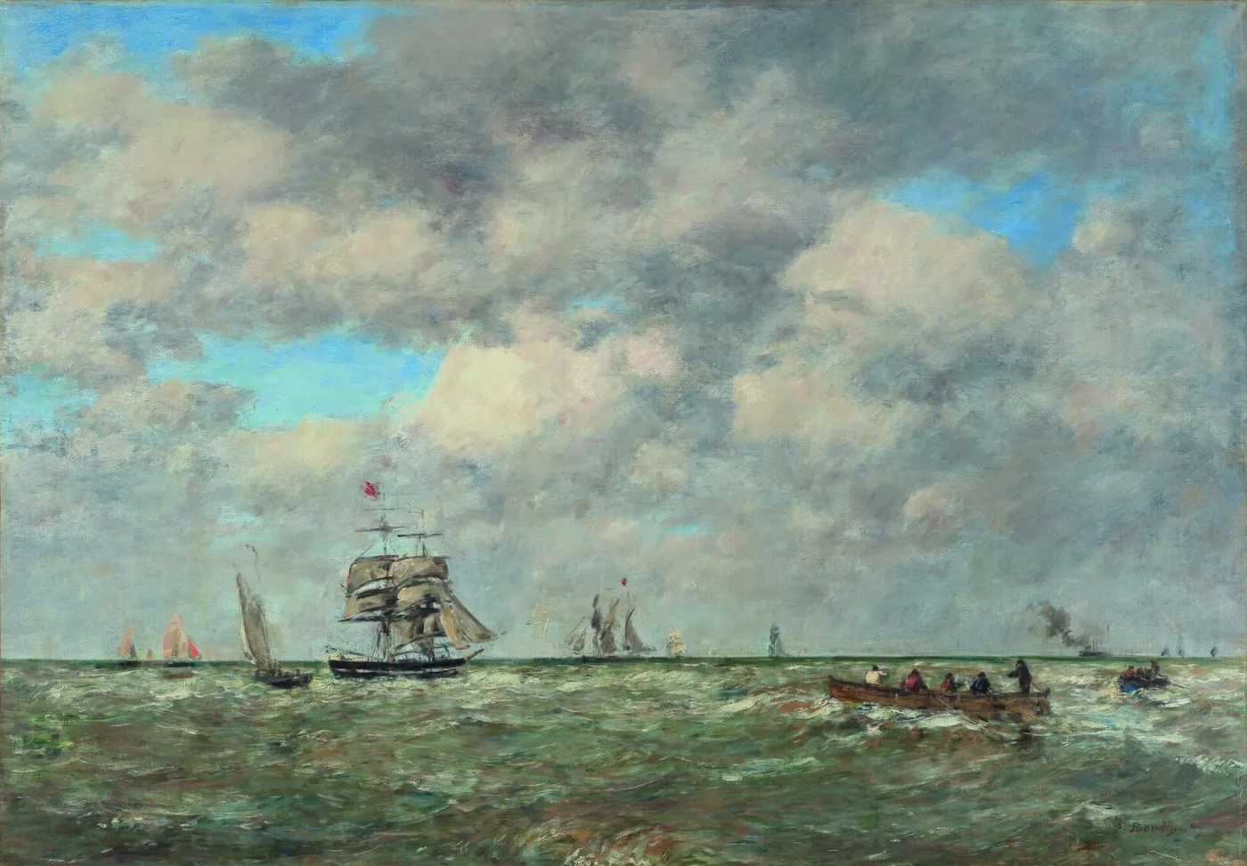 Pleine mer, les lamaneurs (1887) by Eugène Louis Boudin — original painting reproduced as a hand-painted oil on canvas