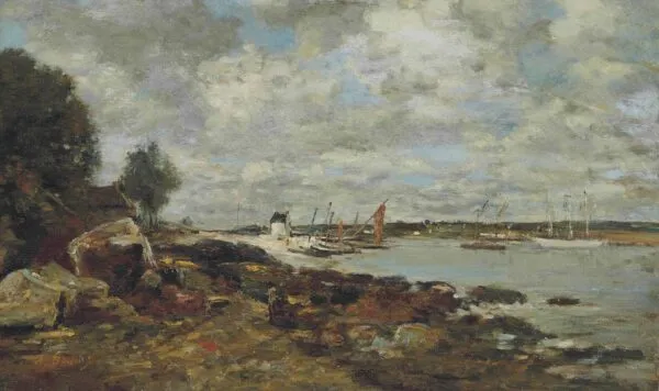 Plougastel, le rivage au bord de la baie (1870) by Eugène Louis Boudin — original painting reproduced as a hand-painted oil on canvas