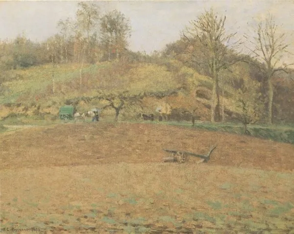 Ploughed Fields (1874) by Camille Pissarro — original painting reproduced as a hand-painted oil on canvas