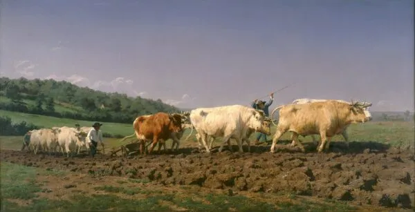 Ploughing in the Nivernais (1849) by Rosa Bonheur — original painting reproduced as a hand-painted oil on canvas