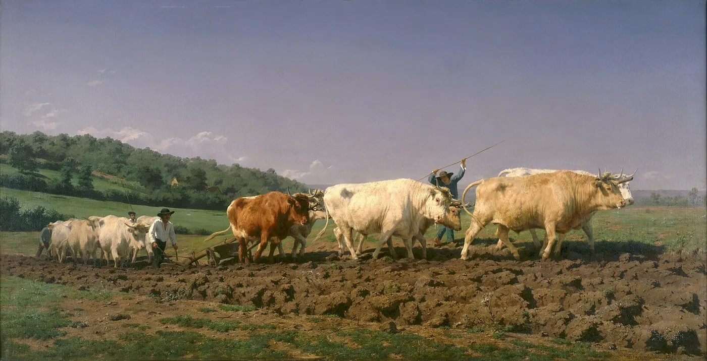 Ploughing in the Nivernais (1849) by Rosa Bonheur — original painting reproduced as a hand-painted oil on canvas