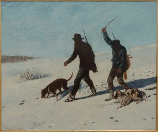 Poachers in the snow (1867) by Gustave Courbet — original painting reproduced as a hand-painted oil on canvas