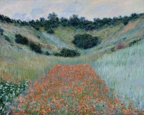 Poppy Field in a Hollow near Giverny (1885) by Claude Monet — original painting reproduced as a hand-painted oil on canvas