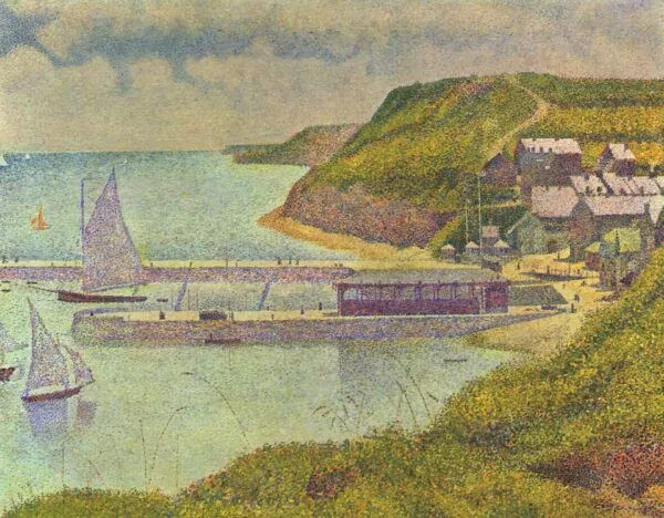 Port-en-Bessin, outer harbour, high tide (1888) by Georges Seurat — original painting reproduced as a hand-painted oil on canvas