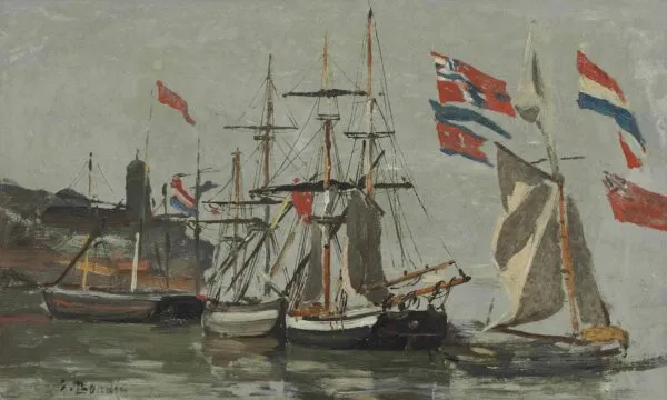 Port, les oriflammes by Eugène Louis Boudin — original painting reproduced as a hand-painted oil on canvas