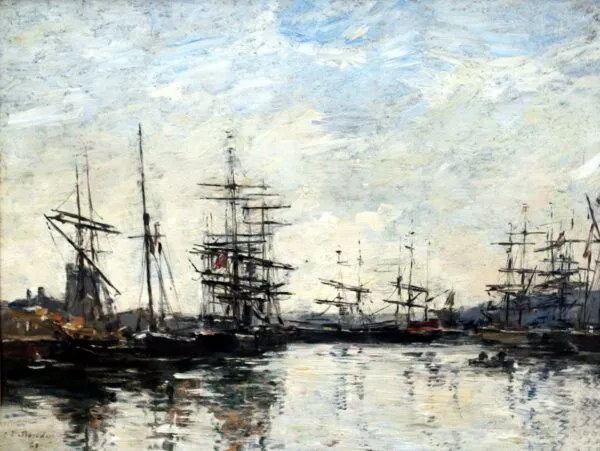Port of Deauville (1860) by Eugène Louis Boudin — original painting reproduced as a hand-painted oil on canvas