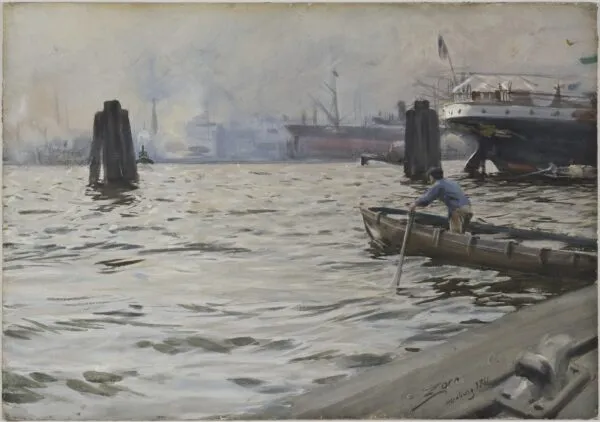 Port of Hamburg (1891) by Anders Zorn — original watercolour reproduced as a hand-painted oil on canvas