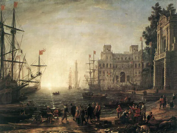 Port Scene with the Villa Medici (1637) by Claude Lorrain — original painting reproduced as a hand-painted oil on canvas
