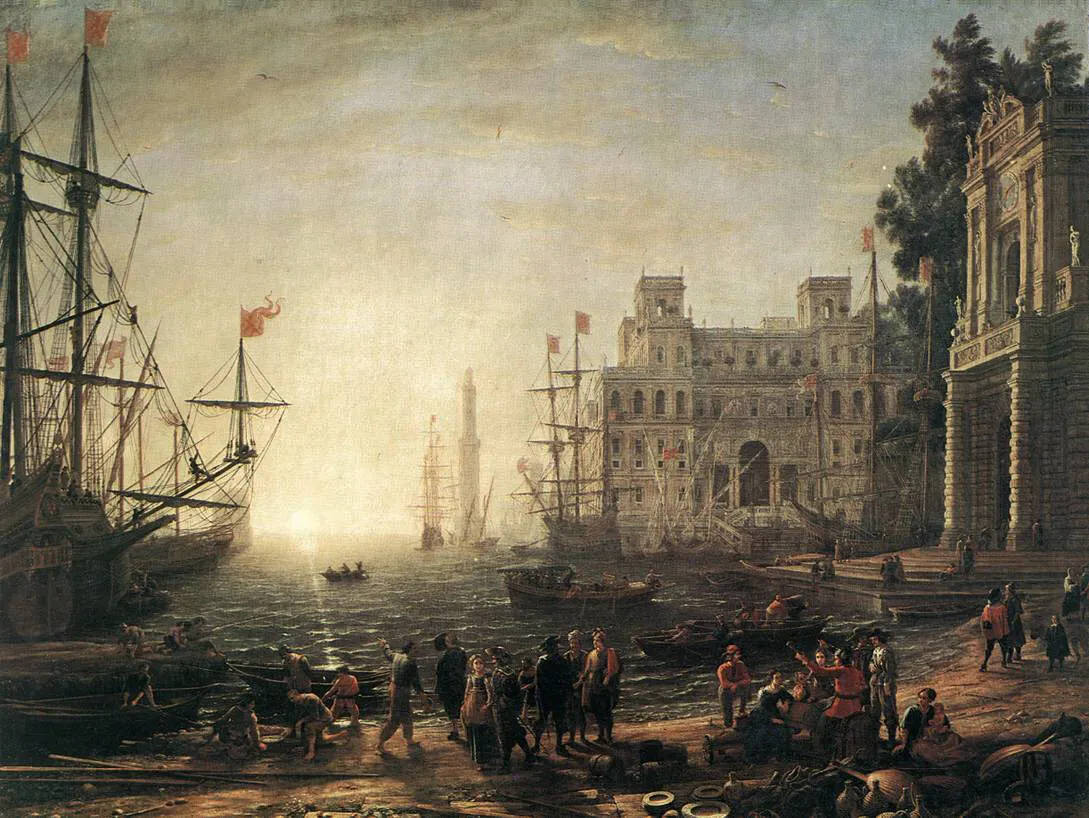 Port Scene with the Villa Medici (1637) by Claude Lorrain — original painting reproduced as a hand-painted oil on canvas