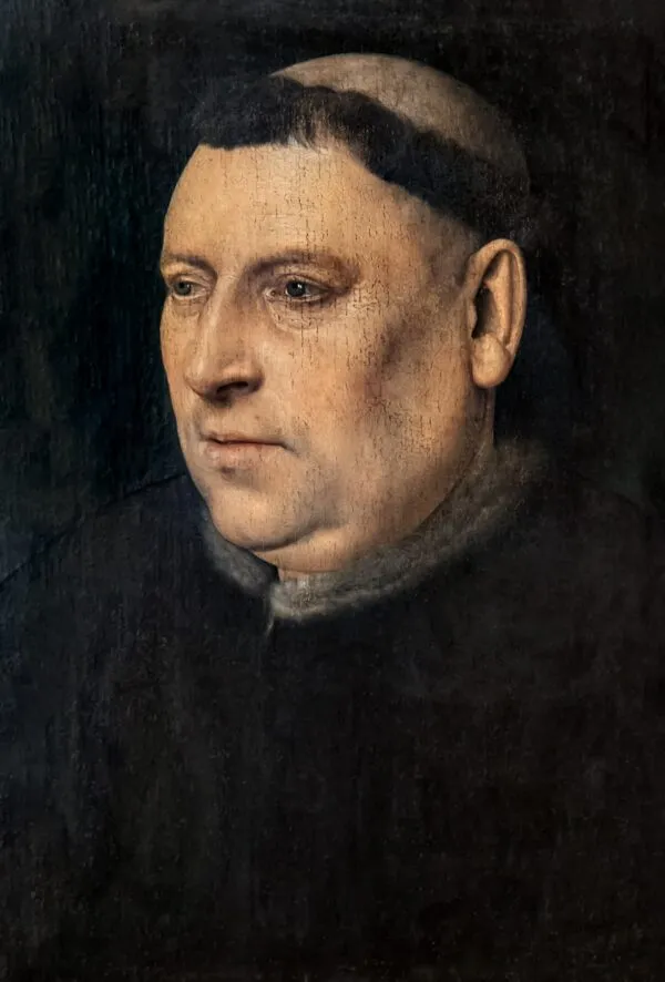 Portrait d'un moine (1441) by Jan van Eyck — original painting reproduced as a hand-painted oil on canvas