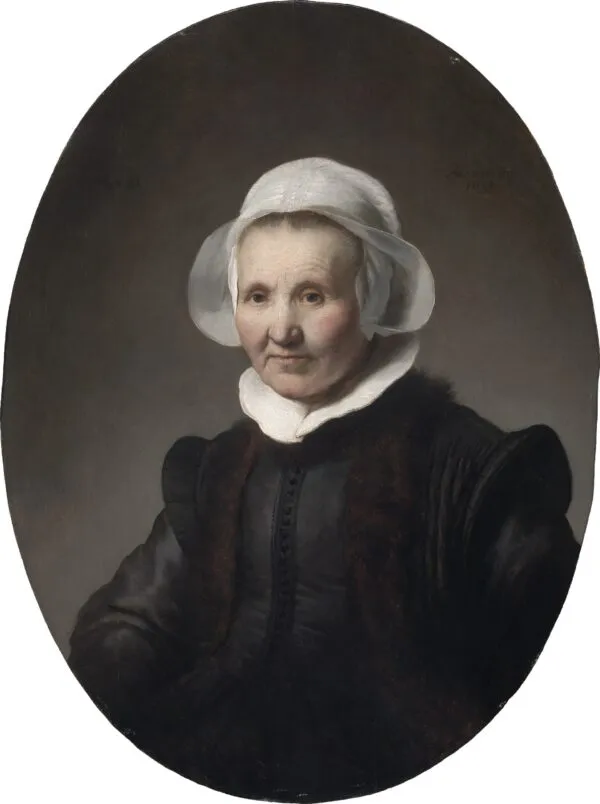 Portrait of a 62-year-old Woman, possibly Aeltje Pietersdr Uylenburgh (1632) by Rembrandt — original painting reproduced as a hand-painted oil on canvas