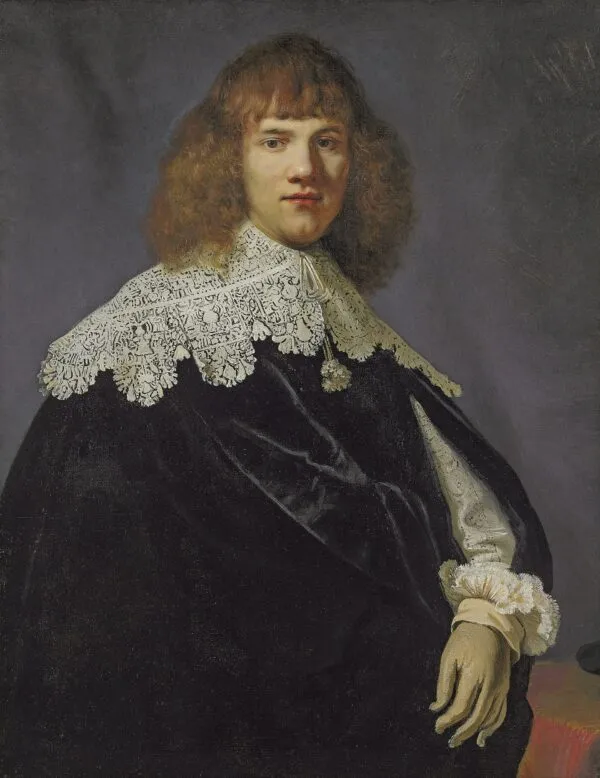 Portrait of a gentleman, half-length, in a black velvet cloak and white lace collar and cuffs (1635) by Rembrandt — original painting reproduced as a hand-painted oil on canvas