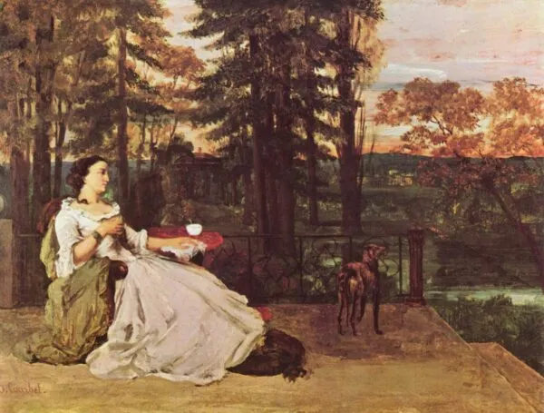 Portrait of a lady, seated in a parc (La dame de Francfort) (1858) by Gustave Courbet — original painting reproduced as a hand-painted oil on canvas