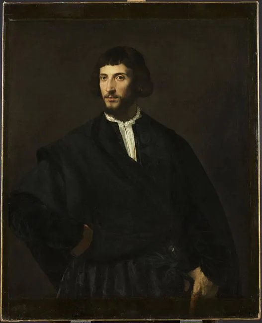 Portrait of a Man, Hand on His Belt (1524) by Titian — original painting reproduced as a hand-painted oil on canvas